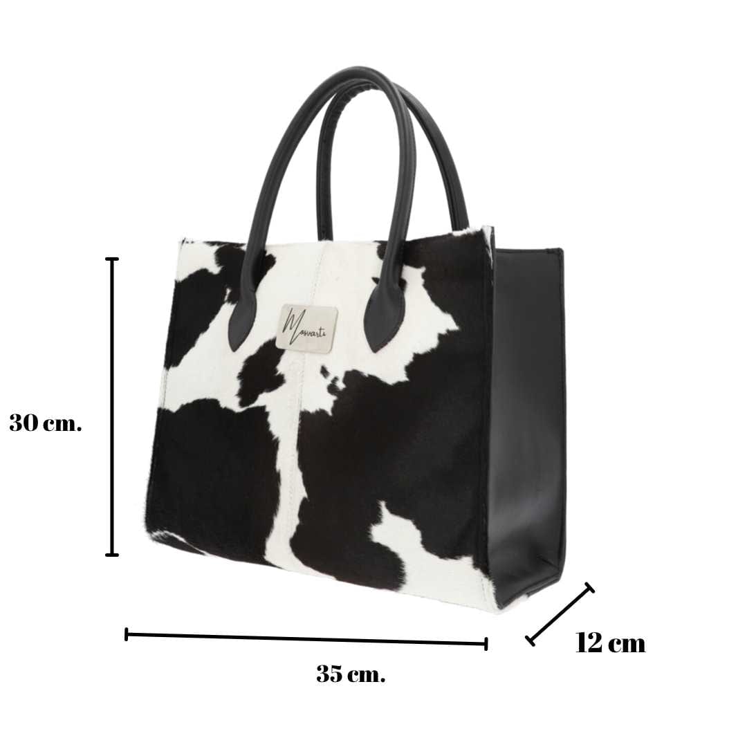 MOSVARTI Bolsa Dama pelo Res vacuno no Nato Elegante y Moderna  Mod. Texas (Negro/Blanco)