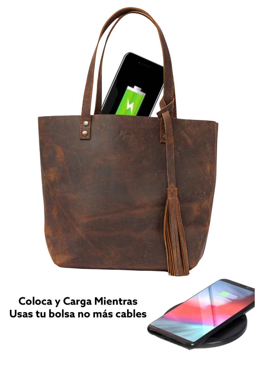 MOSVARTI Bolsa Dama Tote 100% Piel Con Cargador Magnético para smartphone (Crazy Café)