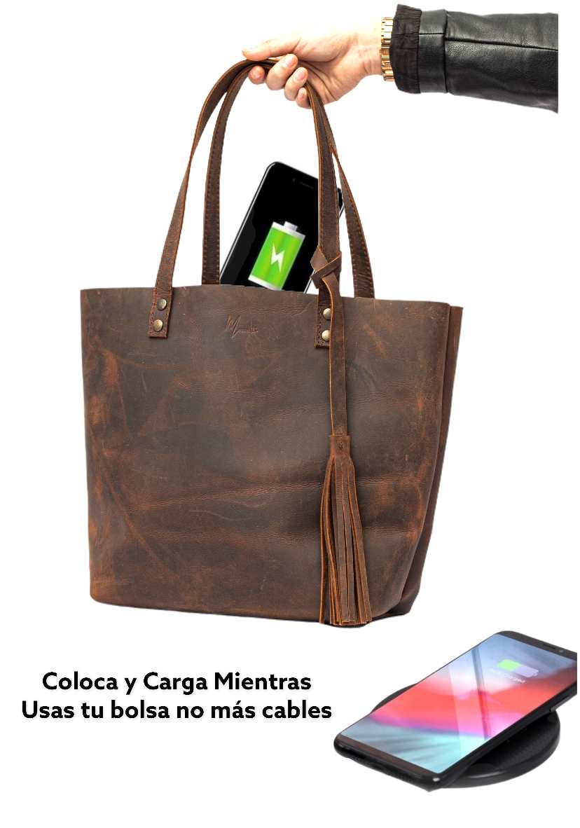 MOSVARTI Bolsa Dama Tote 100% Piel Con Cargador Magnético para smartphone (Crazy Café)