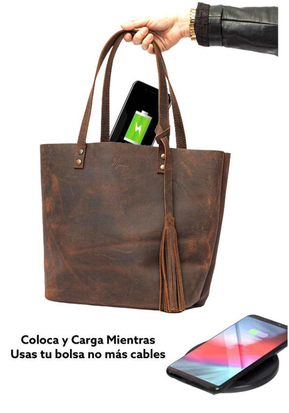 MOSVARTI Bolsa Dama Tote 100% Piel Con Cargador Magnético para smartphone (Crazy Café)