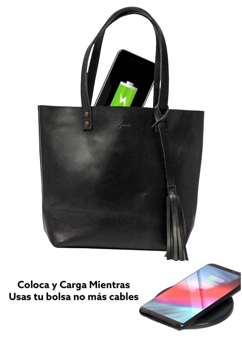 MOSVARTI Bolsa Dama Tote 100% Piel Con Cargador Magnético para smartphone (Pull up Negro) Mod. Praga