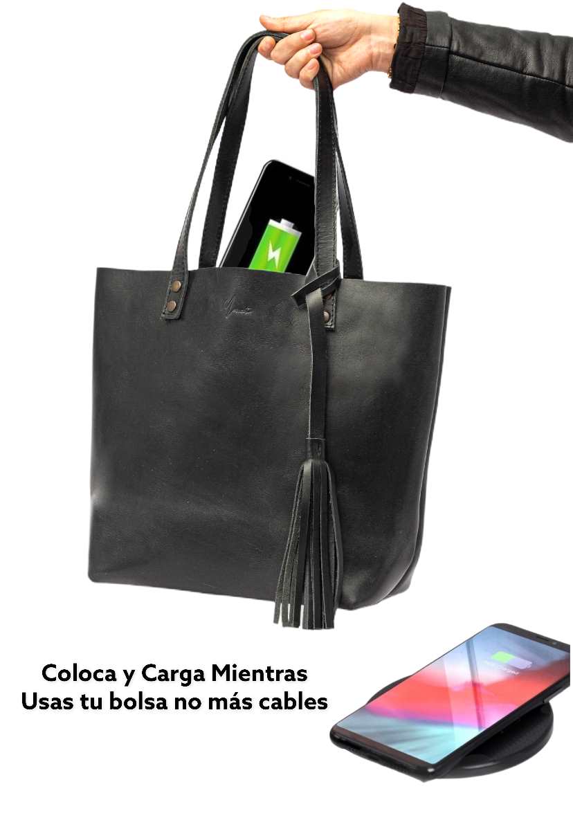 MOSVARTI Bolsa Dama Tote 100% Piel Con Cargador Magnético para smartphone (Pull up Negro) Mod. Praga