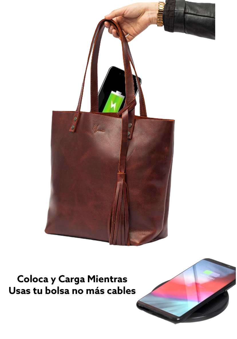 MOSVARTI Bolsa Dama Tote 100% Piel Con Cargador Magnético para smartphone (Pull up shedron)