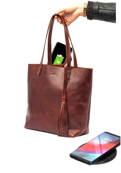 MOSVARTI Bolsa Dama Tote 100% Piel Con Cargador Magnético para smartphone (Pull up shedron)