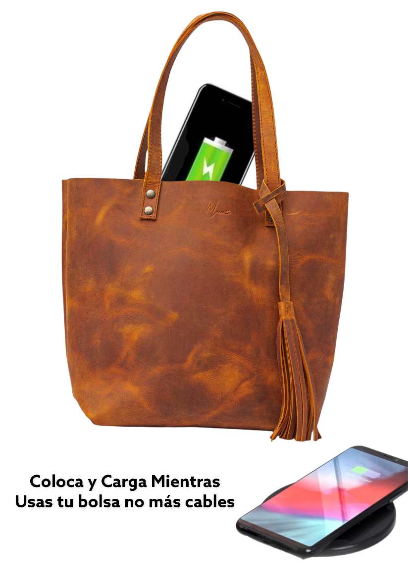 MOSVARTI Bolsa Dama Tote 100% Piel Con Cosmetiquera Mod. Praga (Crazy Naranja)