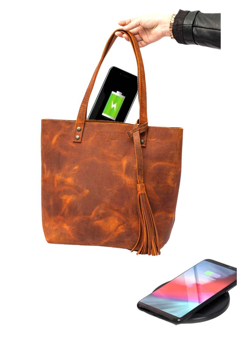 MOSVARTI Bolsa Dama Tote 100% Piel Con Cosmetiquera Mod. Praga (Crazy Naranja)