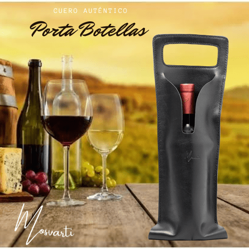 MOSVARTI Bolsa de vino de cuero Porta botella piel 100% Mod. (Cabernet) Pull up Negro