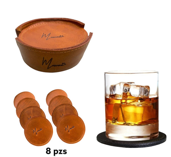 Juego De 8 Porta Vasos 100% Cuero Artesanales (Naranja)